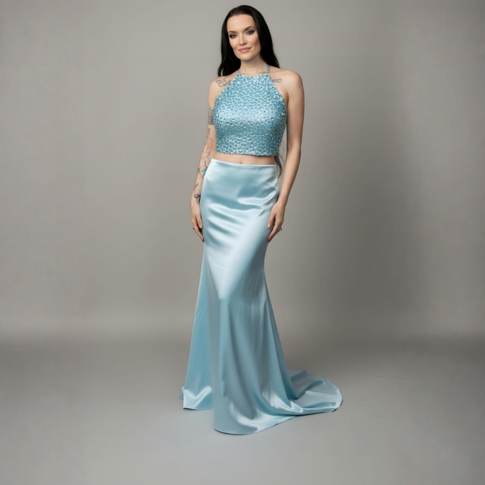 Sherri Hill ✦ Crystal Halter Gown Set ✦ Light Blue 2-Piece Prom Dress w/ Train 4